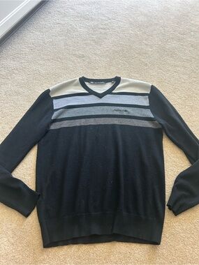 Travis Mathew Men's V-Neck Sweater in Black with Gray Stripes